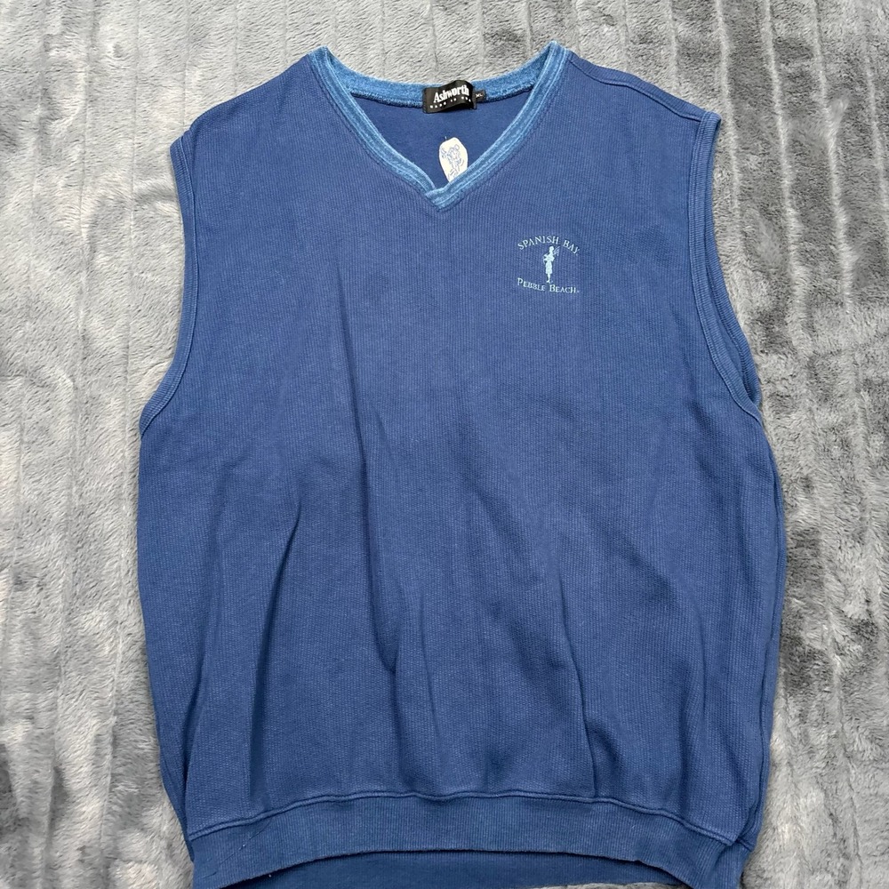 Vintage Ashworth Spanish Bay Pebble Beach Golf Vest Blue Cotton Mens XL USA